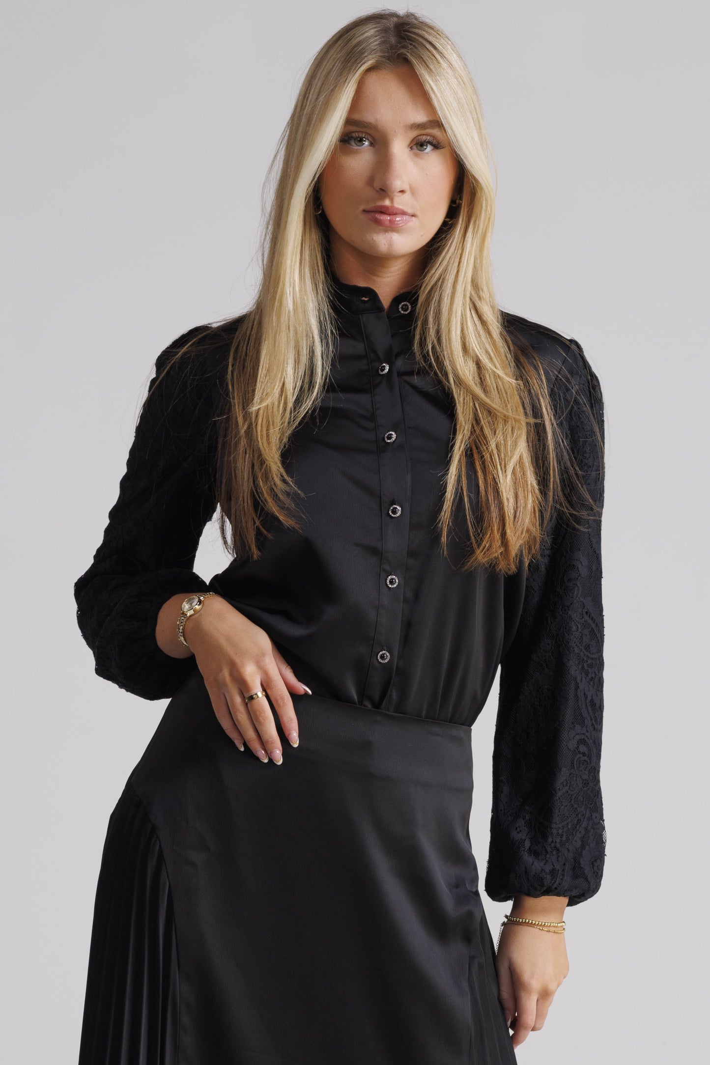 Mock Neck Blouse With Lace Sleeves