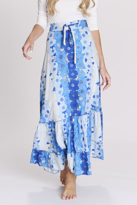 Floral Blue Linen Midi Skirt