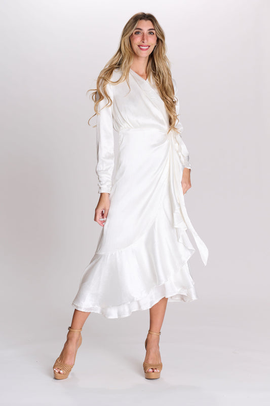 White Satin Midi Wrap Dress