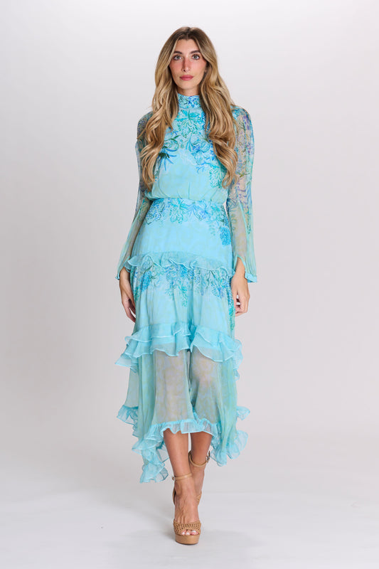 Aqua Chiffon Ruffled Dress