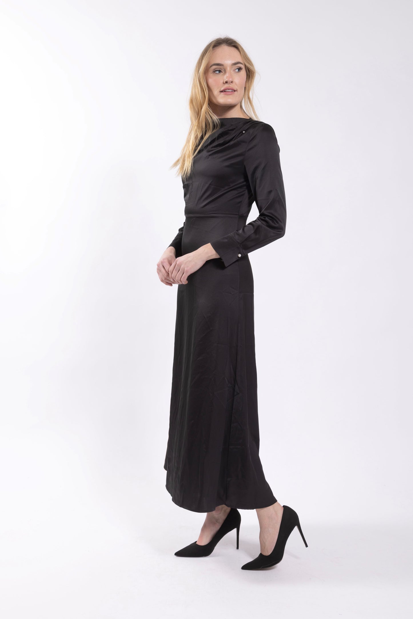 Black Satin Pearl Pin Detailed Midi Dress