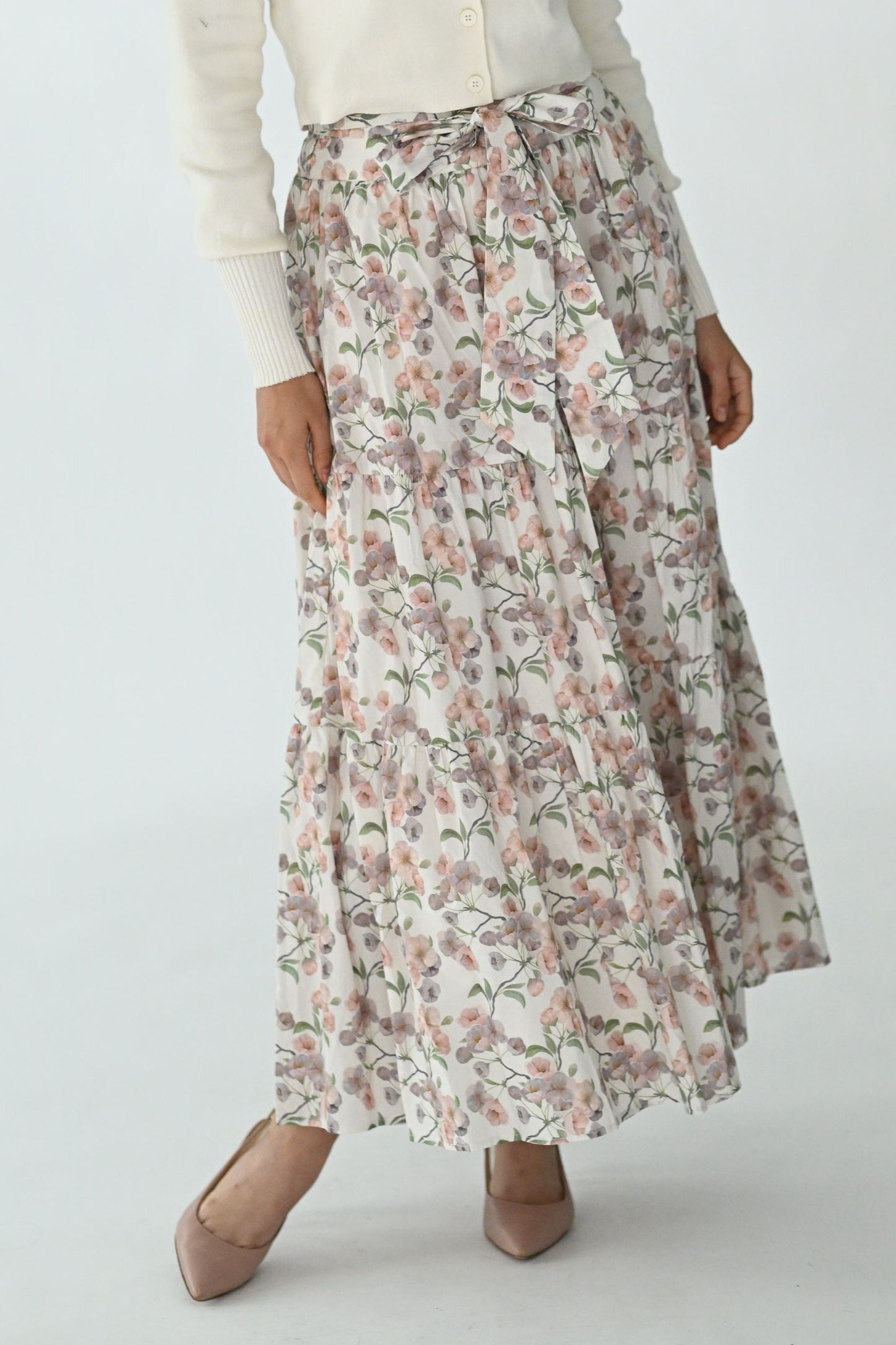 Belted floral tiered skirt