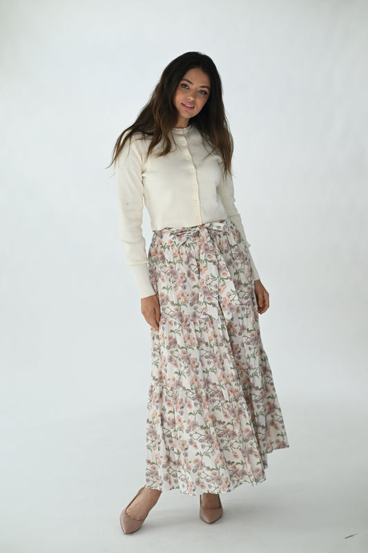 Belted floral tiered skirt