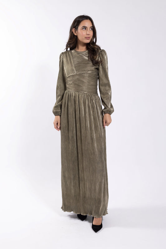 Metallic Micro Pleated Maxi Dress