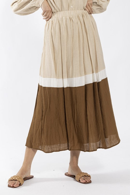 CONCEPT Colorblock Crinkle Midi Skirt Ivory Stone